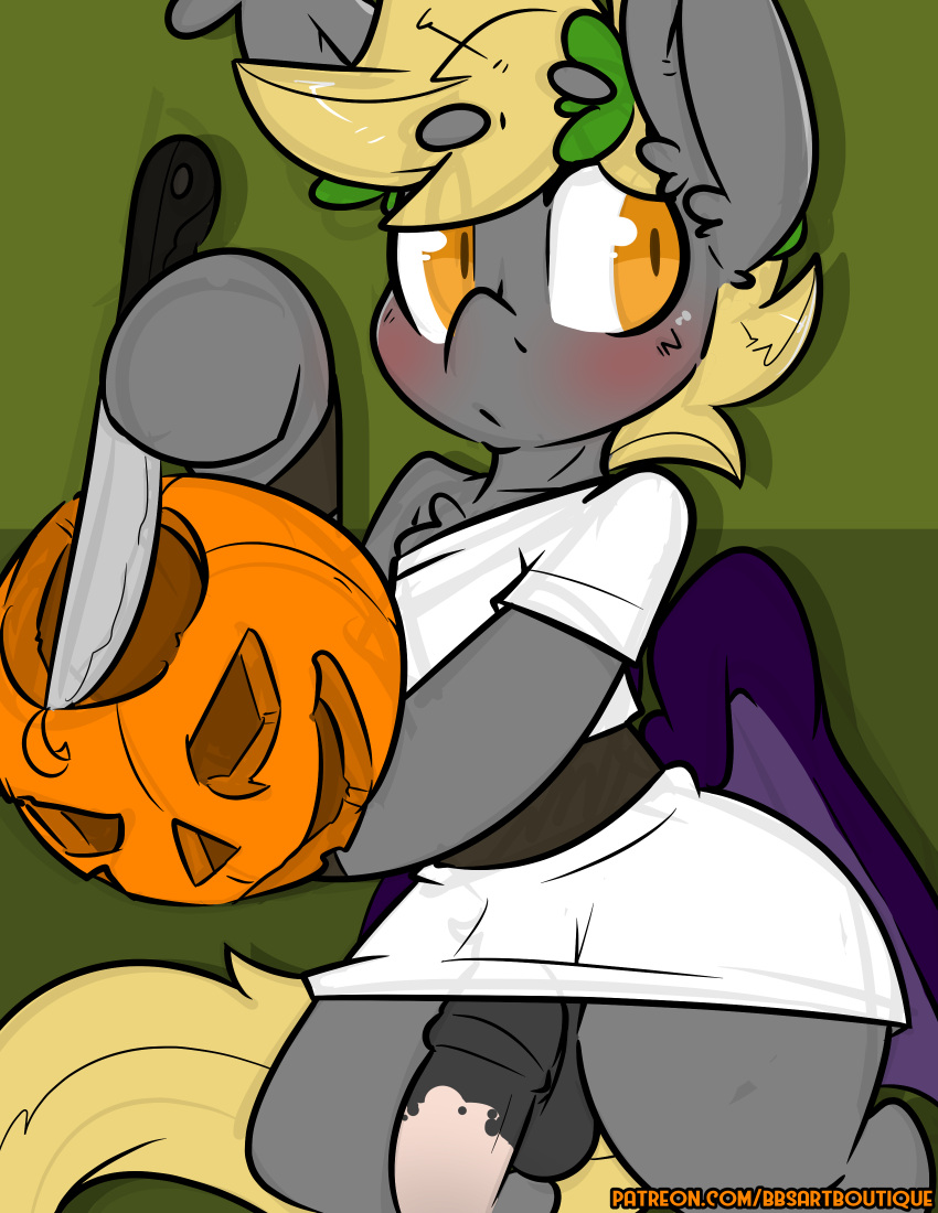 2020 absurd_res bat_pony bbsartboutique blonde_hair blush equid food fruit fur grey_body grey_fur hair hasbro hi_res jack-o'-lantern knife male mammal membrane_(anatomy) membranous_wings my_little_pony night_striker orange_eyes plant pumpkin semi-anthro solo standing wings