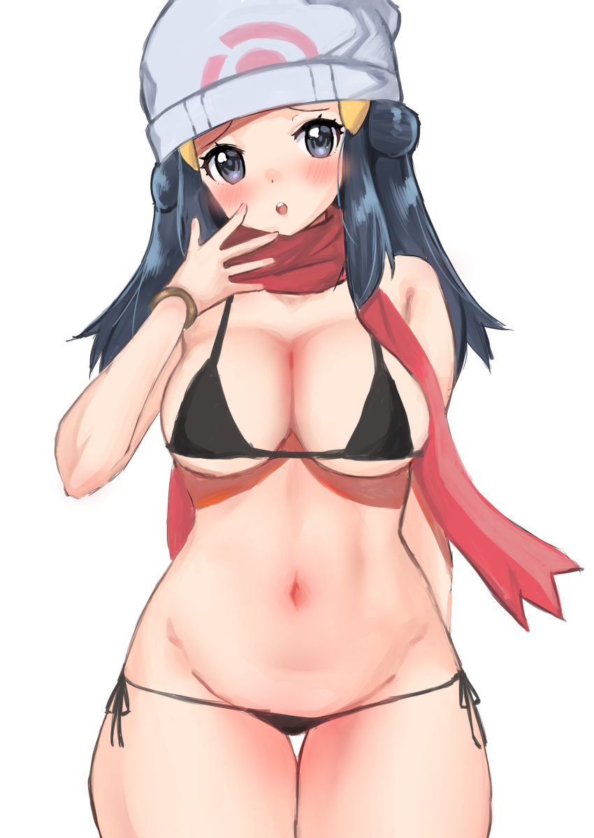 aged_up alternate_breast_size big_breasts bikini black_bikini black_panties blue_eyes blue_hair blush breasts dawn_(pokemon) hat mana_nzmr nintendo pokemon pokemon_dppt scarf smile thick thick_thighs thigh_gap thighs tummy waist wide_hips