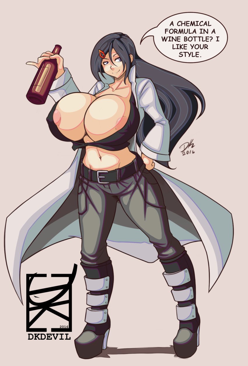 areola_slip big_breasts black_hair breast_expansion breasts bursting_breasts cleavage dkdevil huge_breasts labcoat lessien_(jtd) long_hair no_bra scientist talking_to_viewer