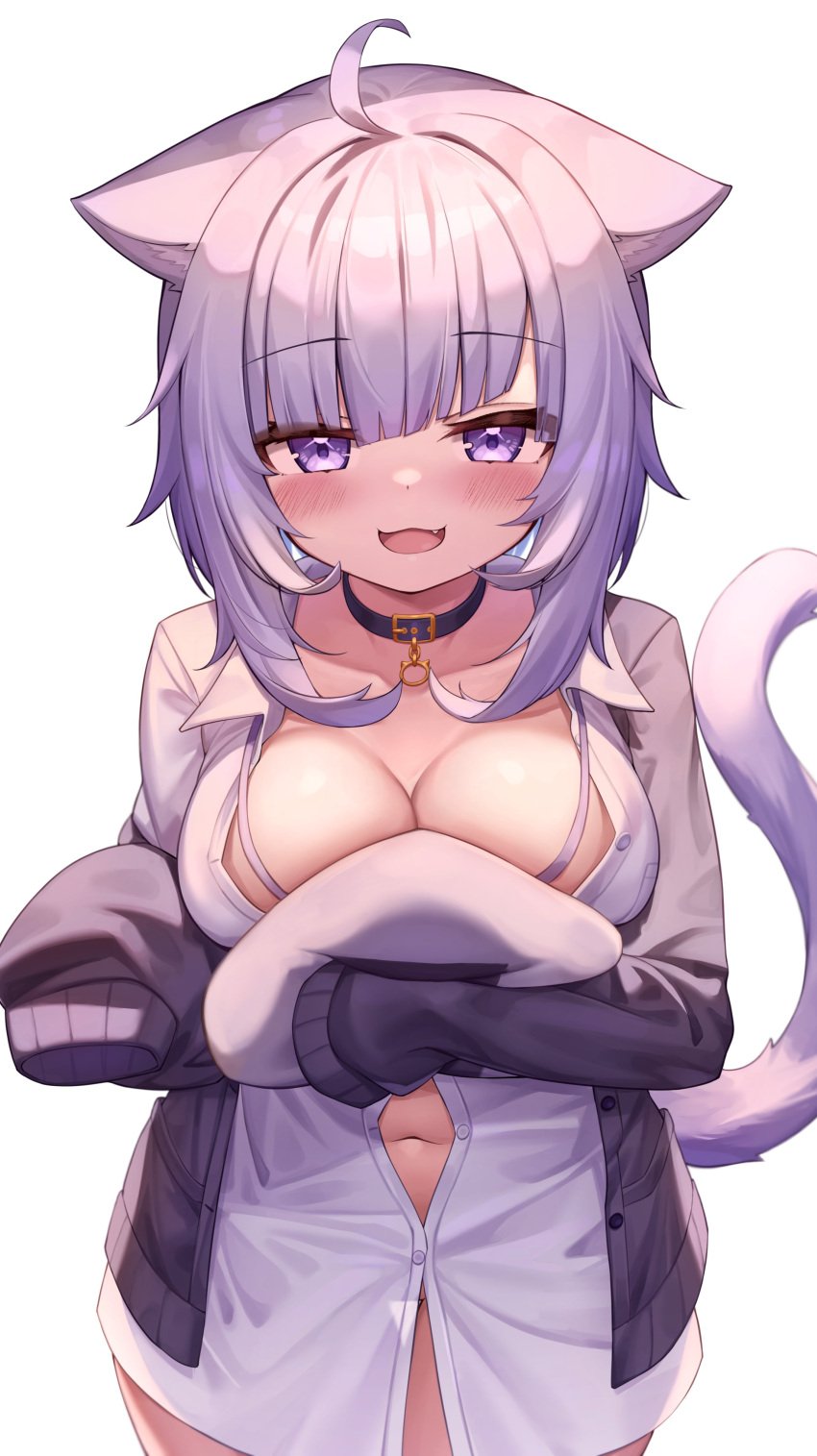 1girls big_breasts breasts cat_ears cat_tail catgirl deaver hololive hololive_gamers hololive_japan kemonomimi looking_at_viewer nekomata_okayu oversized_clothes purple_eyes purple_hair virtual_youtuber