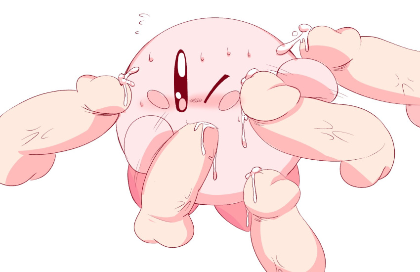 balls blowjob blush cum cumshot cute cute_face eye_closed gay kirby kirby_(series) male male_only males_only multiple_penises nintendo oral oral_sex penis pink_body pink_skin red_feet testicles waioi