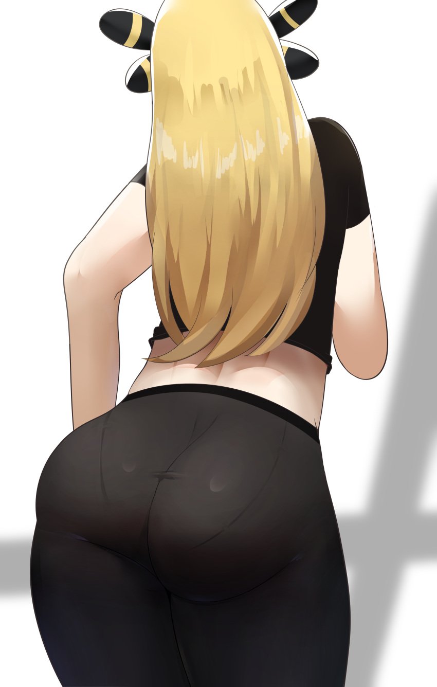 1girls 2021 artist_signature ass ass_focus ass_shot back back_view black_topwear black_yoga_pants blonde_hair bubble_butt clothed clothed_female clothing cynthia_(pokemon) facing_forward female female_focus female_only hi_res hips huge_ass human long_hair midriff nintendo pale_skin pokemon pokemon_dppt sana!rpg short_sleeves simple_background slim_waist thick_thighs thighs tight_clothing white_background wide_hips yoga_pants