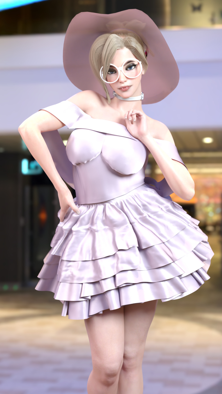 3d blizzard_entertainment blonde_hair blue_eyes breasts choker dress frills glasses hand_on_hip hat looking_at_viewer mercy mry overwatch skirt thick_thighs