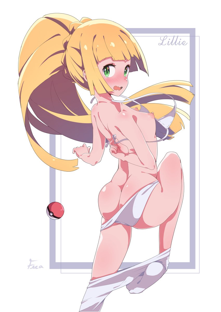 1girls 2021 alternate_hairstyle artist_signature ass ass_focus back back_view bikini blonde_hair blush bubble_butt embarrassed fecalatte female female_focus female_only green_eyes highres human light-skinned_female light_skin lillie_(pokemon) long_hair long_ponytail looking_back looking_over_shoulder nintendo open_clothes petite pokeball pokemon pokemon_sm ponytail reaching_back small_breasts solo straight_hair swimsuit very_high_resolution wardrobe wardrobe_malfunction wavy_mouth white_background white_bikini