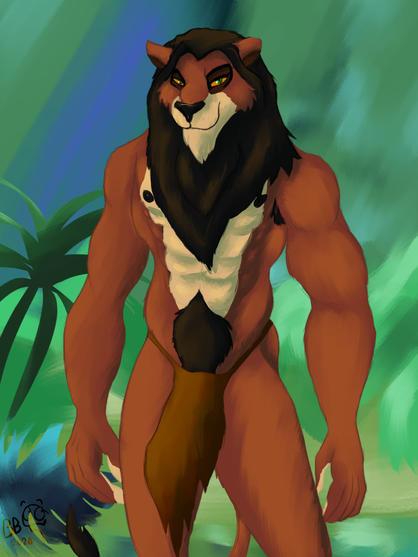 2020 5_fingers abs anthro anthro_only armpit_hair biceps big_bulge big_muscles big_penis black_eyebrows black_fur black_hair black_mane black_nipples black_tail blurry_background brown_bottomwear brown_clothing brown_fur brown_loincloth brown_tail bulge cheek_tuft closed_smile deltoids detailed_background digital_drawing_(artwork) digital_media_(artwork) disney erection erection_under_clothes fanart feline front_view grass green_eyes humanoid_hands jungle light lion logo loincloth looking_at_viewer male_only mane multicolored_fur muscles muscular muscular_anthro muscular_male orange_sclera pecs plant scar_(the_lion_king) serratus serratus_anterior shaded signature smile smiling_at_viewer solo solo_male standing tail_between_legs tan_fur the_lion_king thebigblackcod three-quarter_portrait topless topless_male