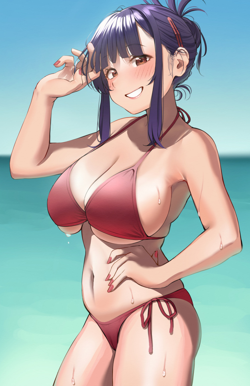 1girls big_breasts bikini breasts brown_eyes cameltoe cleavage elder_cousin_(igarashi_kyouhei) female female_only hairclip igarashi_kyouhei large_breasts looking_at_viewer nail_polish navel ocean original purple_hair sweat swimsuit tied_hair