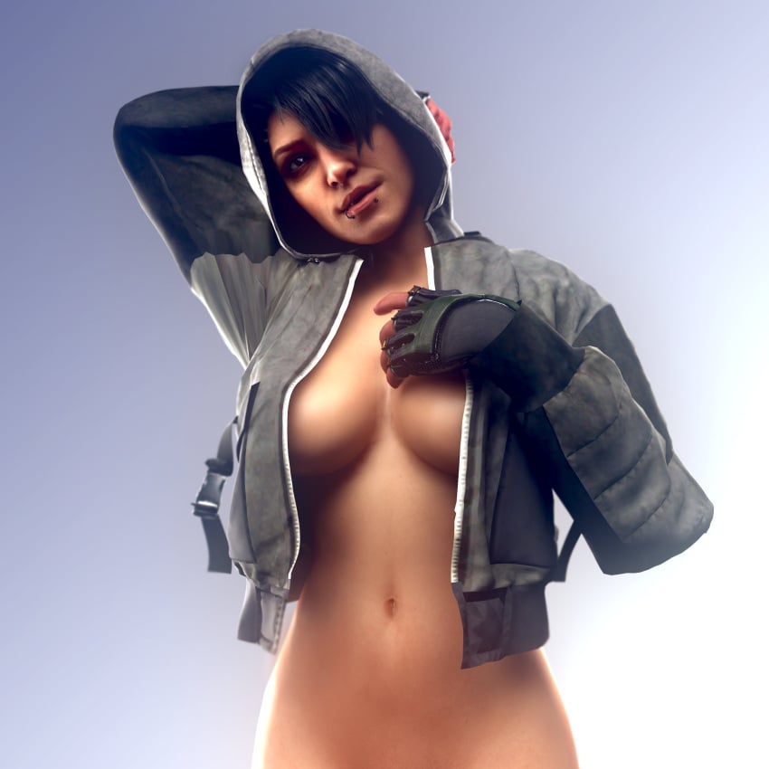 1girls black_hair breasts brown_eyes call_of_duty call_of_duty_black_ops_4 flickytuts gloves hand_behind_head hoodie looking_up mostly_nude piercing smirk solo_female zero_(cod)