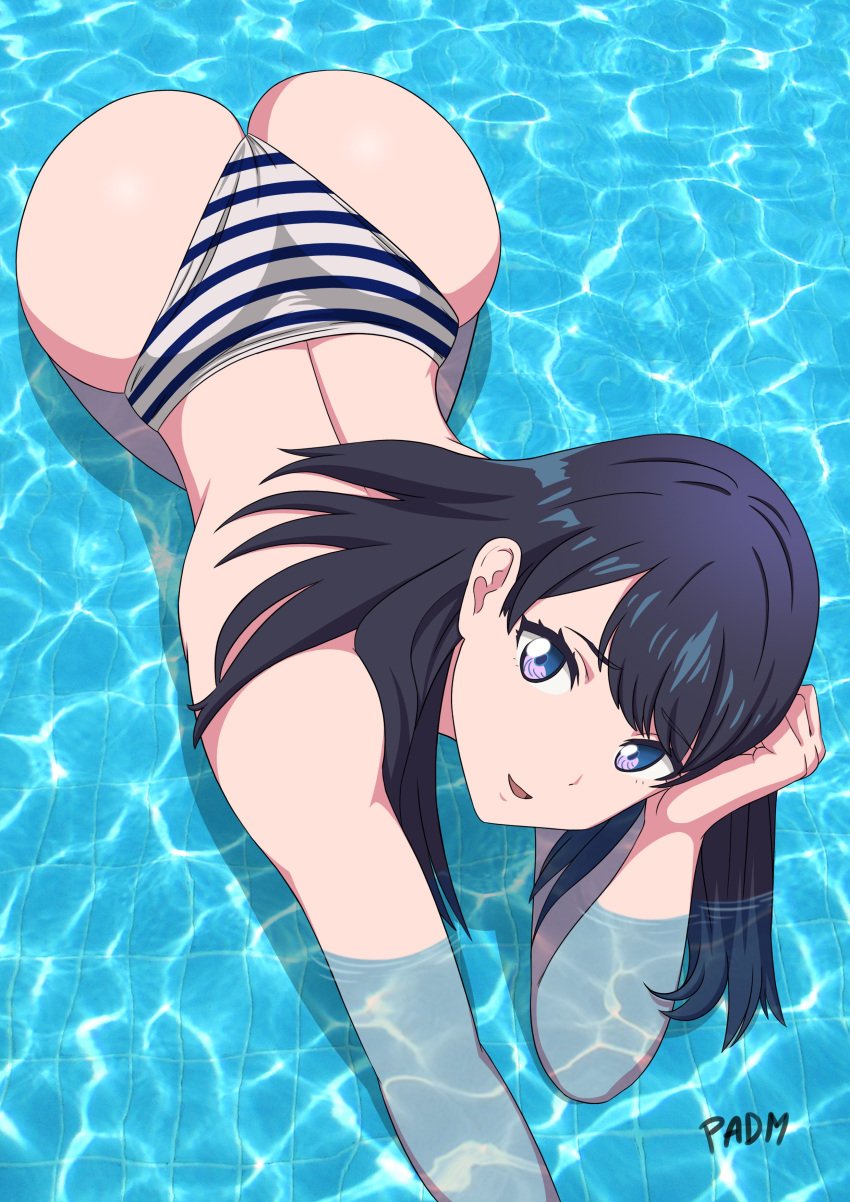 artist_name ass back bangs bikini bikini_bottom black_hair black_hair_female blue_eyes eyebrows_visible_through_hair female female_only high_resolution in_water large_ass long_black_hair long_hair long_hair_female looking_at_viewer looking_up looking_up_at_viewer padm parted_lips partially_submerged pool public_topless purple_eyes purple_eyes_female smile solo ssss.gridman striped striped_bikini striped_swimsuit swimsuit takarada_rikka tile_floor tiles topless very_high_resolution water wide_hips