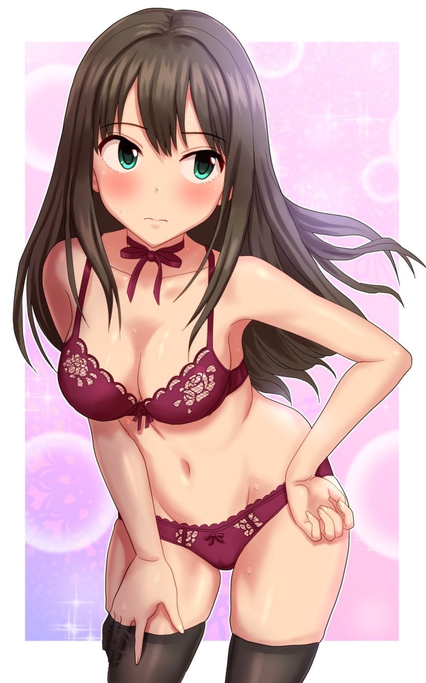 armpits bangs blush bow bow_panties bra breasts brown_hair brown_legwear choker clavicle cleavage closed_mouth eyebrows_visible_through_hair female green_eyes hand_in_thighhighs high_resolution idolmaster idolmaster_cinderella_girls kezune_(i-_-i) legwear long_hair looking_away medium_breasts midriff navel pantsu red_bra red_choker red_panties red_underwear ribbon_choker shibuya_rin skindentation solo standing sweat tagme thighhighs underwear