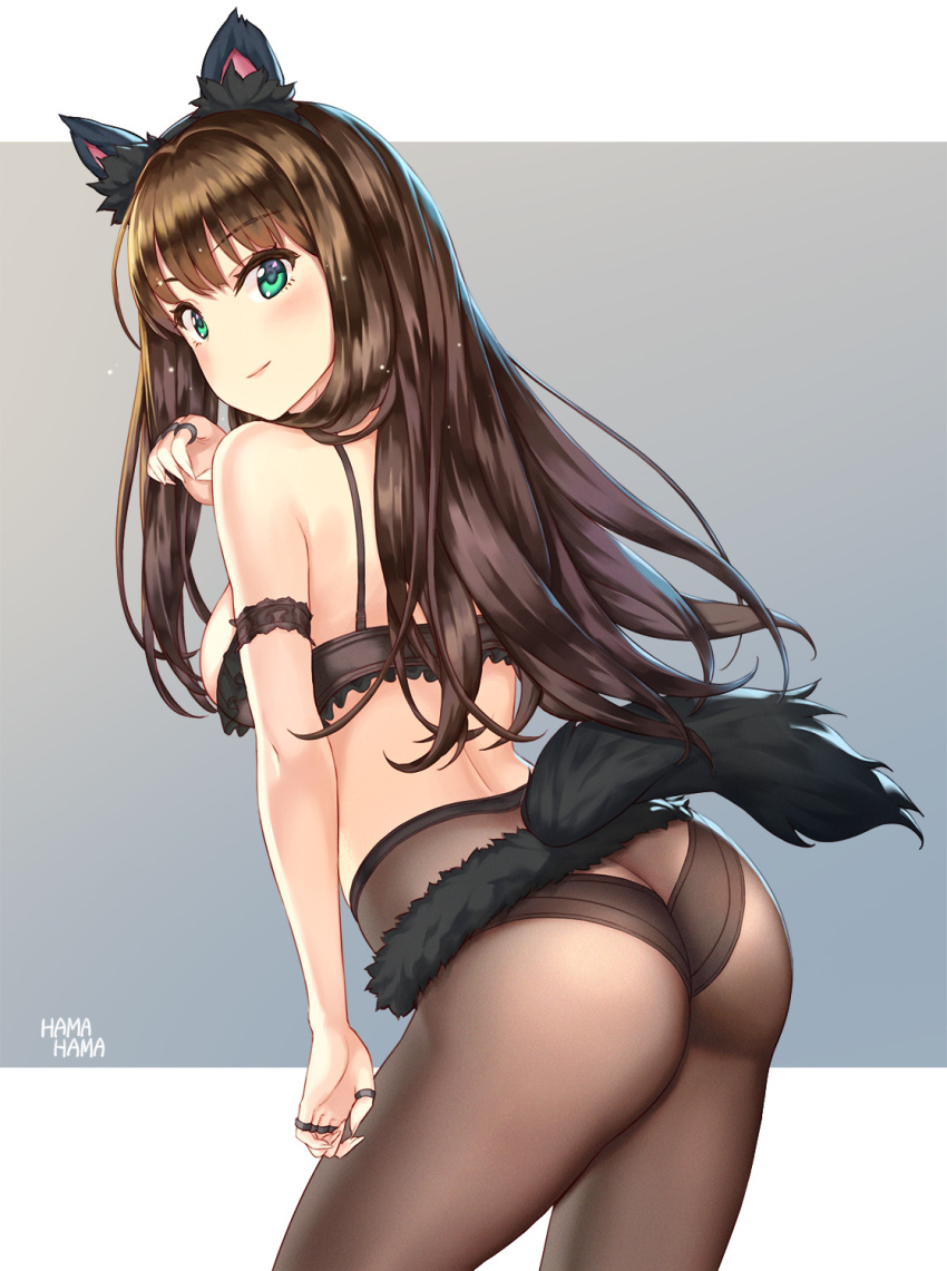 animal_ears arm_garter ass ass_cleavage back bangs bare_shoulders black_bra black_panties black_underwear blush border bra bra_pull breasts brown_hair butt_crack claw_pose closed_mouth clothes_pull exposed_shoulders female frilled_bra frilled_underwear frills gradient gradient_background green_eyes grey_background hhama high_resolution hip_focus hips idolmaster idolmaster_cinderella_girls jewelry lingerie long_hair looking_at_viewer looking_back medium_breasts pantsu pantyhose pixiv_id_1128428 ring shibuya_rin smile solo tagme tail thighs thumb_ring underwear underwear_pull waist white_border wolf_ears wolf_tail