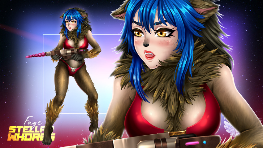 blue_hair dildo fap_ceo faye_(fap_ceo) gold_eyes werewolf