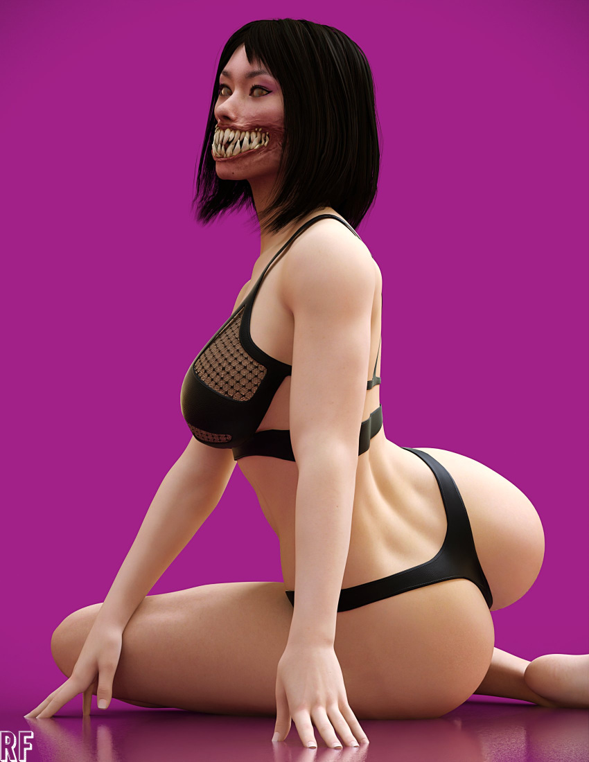 1girls 3d ass big_ass black_hair bra breasts female large_teeth light-skinned_female mature_female mileena monster_girl mortal_kombat mortal_kombat_11 nightmare_waifu panties pose posing rude_frog sharp_teeth solo thong villainess