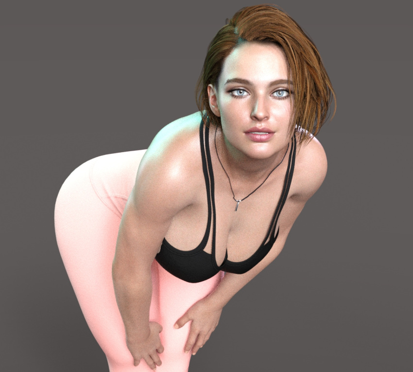 1girls 3d ass blue_eyes breasts brown_hair capcom curvy daz_studio female female_only iray jill_valentine jill_valentine_(sasha_zotova) leftent light-skinned_female light_skin looking_at_viewer resident_evil resident_evil_3 resident_evil_3_remake solo thick thick_thighs toned yoga_pants