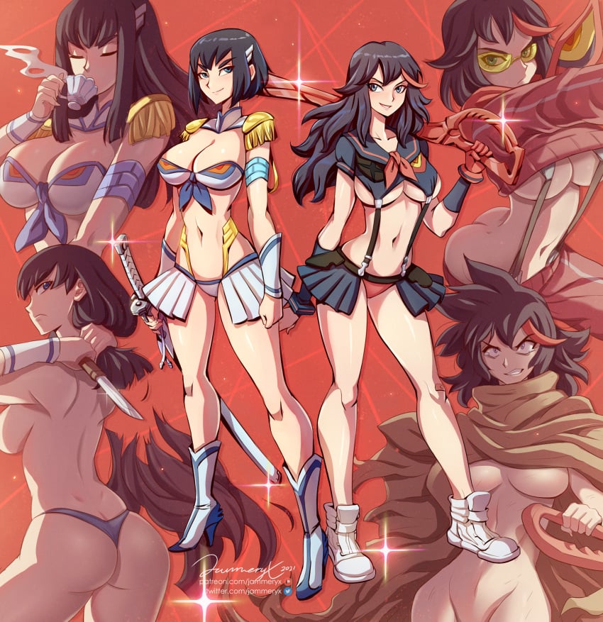 2girls artist_name ass ass_cleavage bakuzan blue_eyes bob_cut breasts butt_crack characters_in_the_background cleavage convenient_censoring drinking female female_only hair_length_difference half_naked heels high_heel_boots high_heels jammeryx junketsu kill_la_kill kiryuuin_satsuki long_black_hair long_hair matoi_ryuuko scissor_blade senketsu short_black_hair short_hair siblings sisters skirt smile sneakers studio_trigger suspenders sword thin two_tone_hair underboob