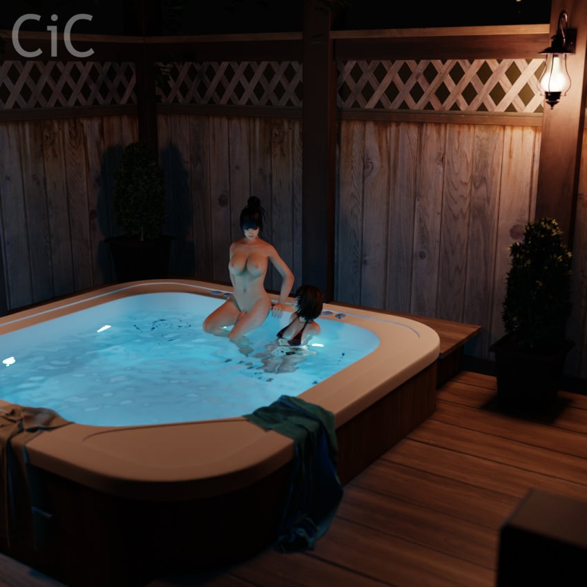 3d black_hair cicsfm dead_or_alive dead_or_alive_xtreme_venus_vacation futanari hot_tub nyotengu tsukushi_(doa)