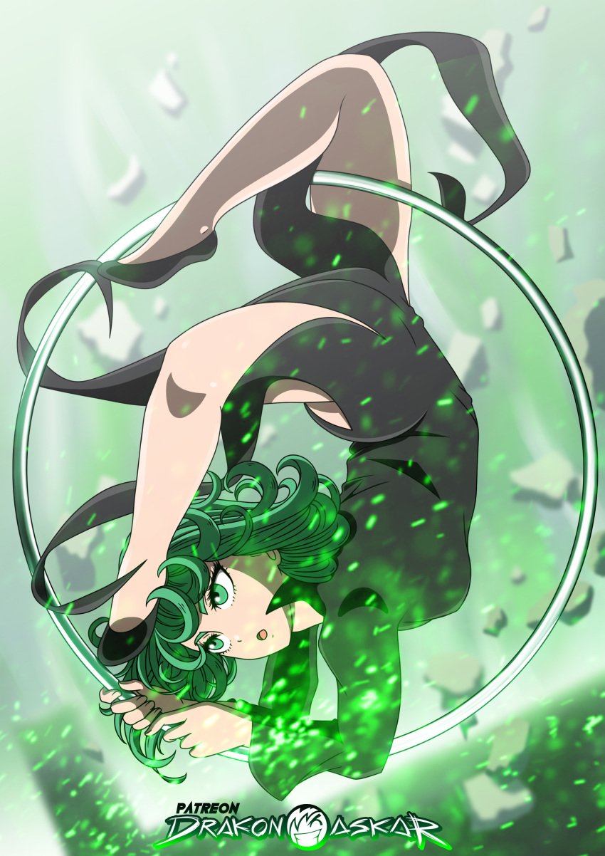 1girls acrobatic black_dress clothed_female covered_breasts curly_hair drakonaskar esper female female_only flexible fully_clothed green_background green_eyes green_hair one-punch_man patreon psychic scorpion_pose small_breasts solo tatsumaki witch