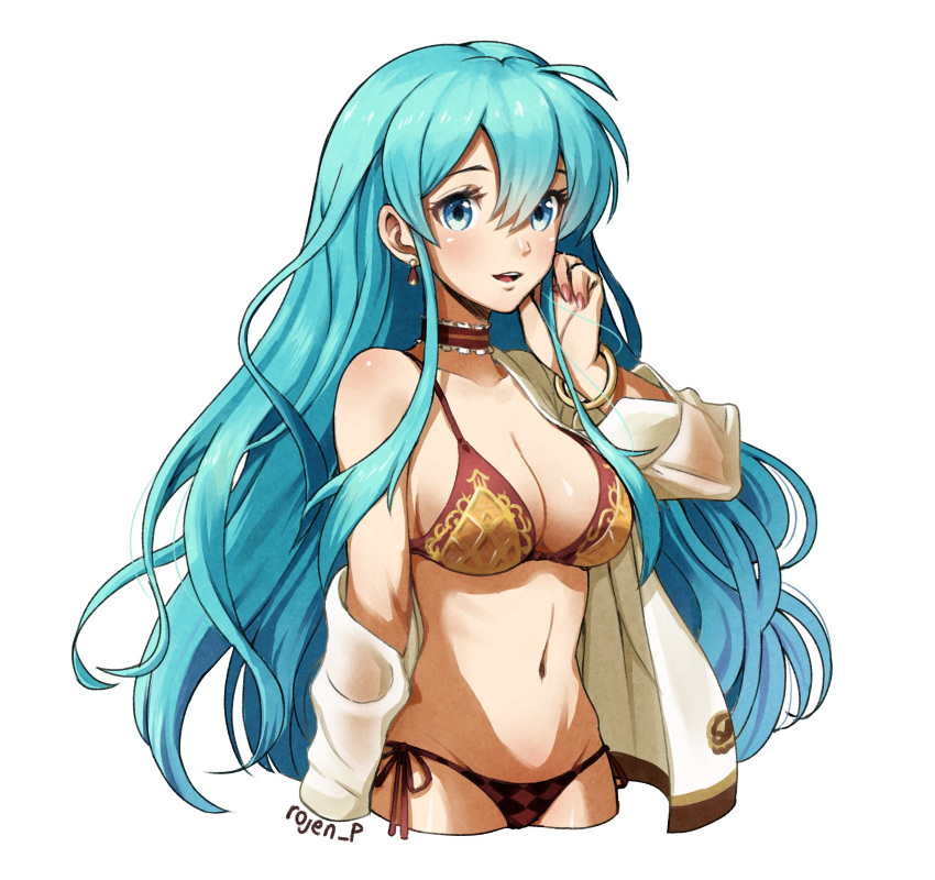 1girls absurdres alternate_costume artist_name bangs bikini blue_eyes blue_hair blue_sky bracelet breasts brown_bikini brown_choker checkered_panties choker cleavage cropped_legs earrings eirika_(fire_emblem) fire_emblem fire_emblem:_the_sacred_stones highres jacket jewelry light_blue_eyes light_blue_hair long_hair looking_at_viewer medium_breasts nail_polish nintendo off_shoulder open_mouth panties red_nails red_panties rojen sky smile solo swimsuit very_long_hair white_background white_jacket