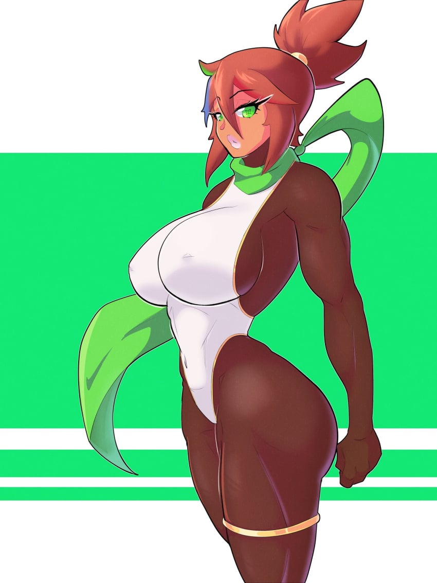 bigmoneyjugs brown_hair dark-skinned_female green_eyes multicolored_hair ninja oc puffy_lips rika_dimensional_ninja scarf skin_tight unusual_pupils