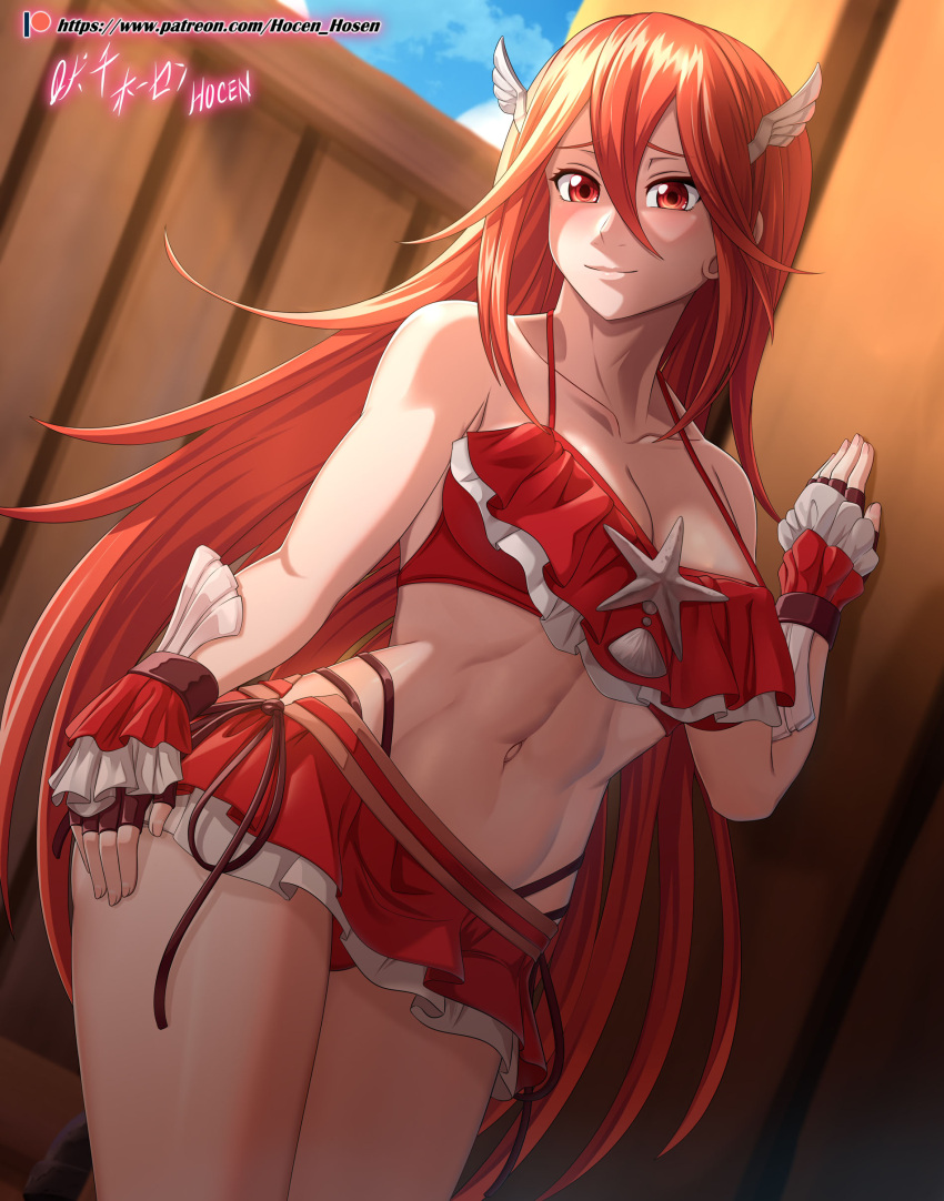 1girls absurdres alternate_costume bare_arms bare_legs bare_midriff bare_shoulders bare_thighs bikini bikini_skirt breasts cleavage collarbone cordelia_(fire_emblem) cordelia_(summer)_(fire_emblem) day fingerless_gloves fire_emblem fire_emblem_awakening fire_emblem_heroes gloves hair_between_eyes hair_ornament highres hocen indoors large_breasts long_hair looking_at_viewer midriff nintendo official_alternate_costume red_bikini red_eyes red_hair red_swimsuit shy_smile smile solo swimsuit thighs toned variant_set very_long_hair wing_hair_ornament