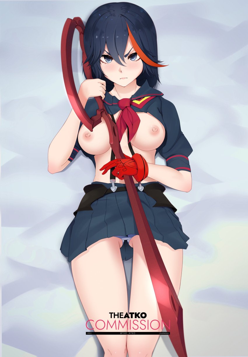 1girls absurdres angry artist_name bangs blue_eyes blue_hair blue_skirt blush breasts clothes_lift commission english_commentary english_text feet_out_of_frame female female_only frown gloves hair_between_eyes highres holding holding_weapon kill_la_kill large_breasts legs_together looking_at_viewer lying matoi_ryuuko microskirt multicolored_hair neckerchief nipples on_back panties pantyshot pleated_skirt red_gloves red_hair sailor_collar school_uniform scissor_blade senketsu serafuku shadow shiny shiny_hair shirt_lift short_hair short_sleeves single_glove skirt solo streaked_hair suspenders the_atko thigh_gap thighs underwear v-shaped_eyebrows weapon white_panties