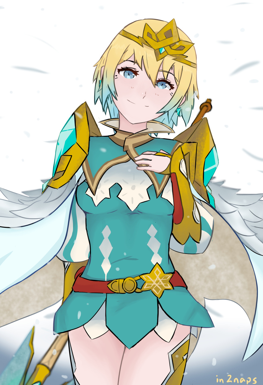 1girls bare_thighs blonde_hair blue_eyes fire_emblem fire_emblem_heroes fjorm_(fire_emblem) hand_on_own_chest head_tilt in2naps inner_thighs lance looking_at_viewer multicolored_hair nintendo short_hair smile solo weapon