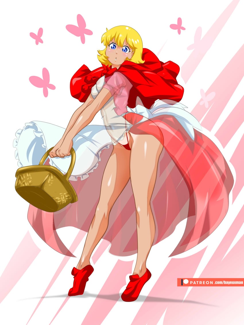 1girl 1girls b.b._hood baby_bonnie_hood bayeuxman blonde_hair blue_eyes bulleta capcom clothing darkstalkers dress little_red_riding_hood midnight_bliss panties red_clothes see-through see-through_clothing short_hair small_breasts tagme vampire_savior