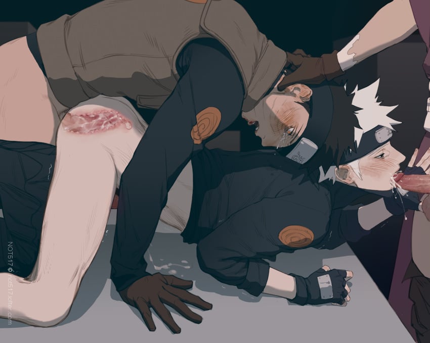 3boys anal anal_sex biting_lip black_hair blood blood_stain blowjob bluesy blush blushing_profusely bodily_fluids clothing crying cum cum_in_ass cum_in_mouth cum_inside doggy_style dual_persona fellatio gay genital_fluids gloves hatake_kakashi jonin_uniform jonin_vest kakashi_hatake konohagakure_symbol male/male/male male_penetrated male_penetrating male_penetrating_male mmm_threesome naruto naruto_(series) obito_(leaf_ninja) oral oral_sex partially_clothed penetration penis penis_in_ass sex spitroast tears threesome uchiha_obito white_hair x-ray yaoinami