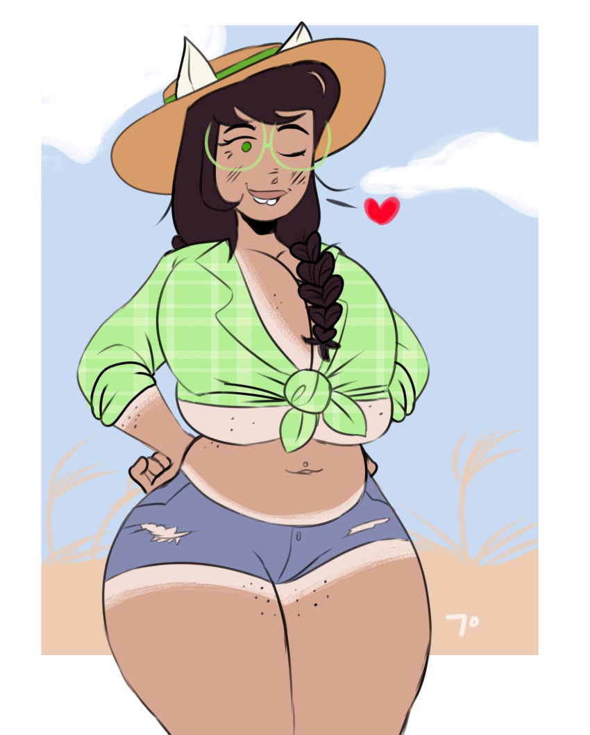 1girls black_hair braided_hair breasts buckteeth bursting_breasts clothing dog_ears farmgirl freckles glasses green_eyes hat heart homestuck huge_breasts jade_harley long_hair ms_paint_adventures sevendegree solo tan_skin tanlines thick_thighs tight_clothing wide_hips wink