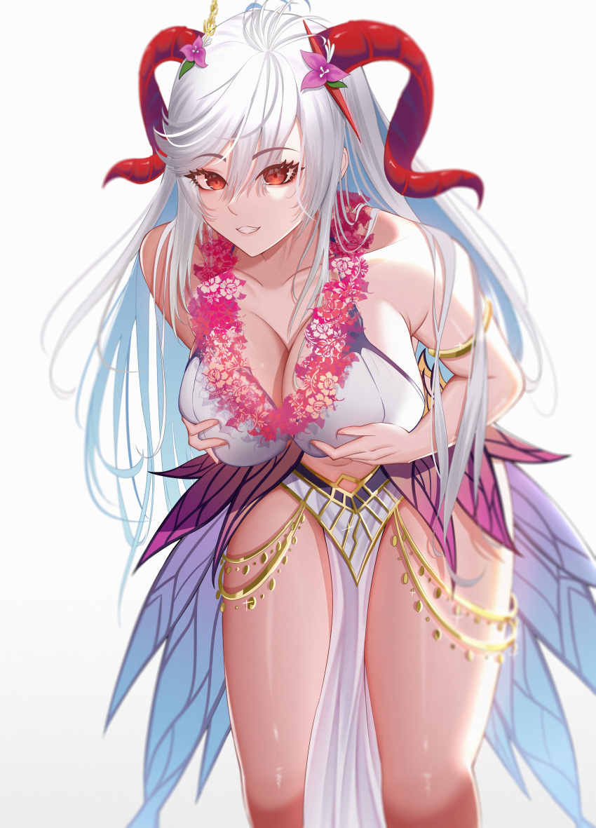 1girls alfa_(alpharig) alternate_costume bare_legs bare_shoulders bikini breast_grab cleavage collarbone colored_inner_hair double_breast_grab fire_emblem fire_emblem_heroes flower flower_necklace freyja_(fire_emblem) freyja_(summer)_(fire_emblem) grey_hair grin horns huge_breasts leaning_forward looking_at_viewer mega_milk multicolored_hair nintendo pelvic_curtain red_eyes red_horns smile solo swimsuit white_background white_bikini white_hair white_swimsuit