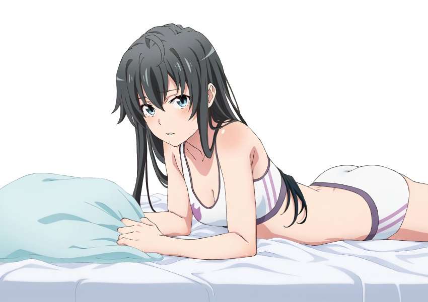 1girls black_hair blue_eyes blush breasts female female_only high_resolution light_background lingerie long_hair looking_at_viewer lying midriff my_teen_romantic_comedy_snafu official_art on_stomach pantsu pillow simple_background small_breasts solo solo_female solo_focus tagme the_pose underwear white_background yukinoshita_yukino