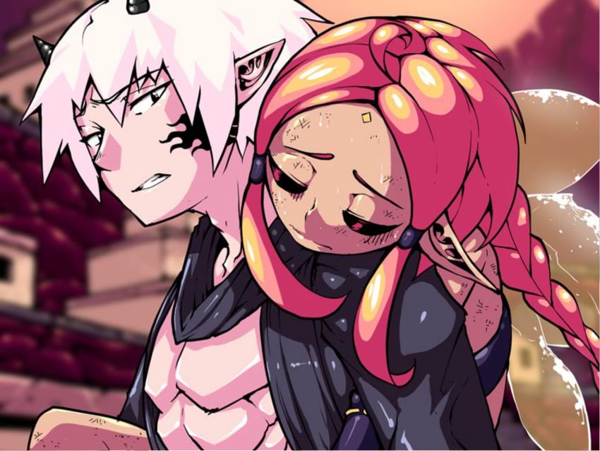 1boy 1boy1girl 1girls balls blush braid color colored crimson_keep dark-skinned_female dark_skin elf_ears embrace embracing erect_nipples fairy fairy_wings glasses introspurt lan_(crimson_keep) loop monster_girl pointy_ears red_hair seated soriel_(crimson_keep) stockings tagme vaginal_penetration