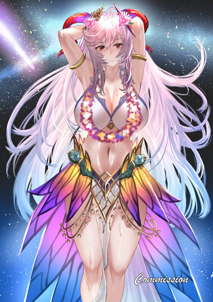 1girls alternate_costume armpits arms_behind_head bare_legs bikini cleavage fire_emblem fire_emblem_heroes flower flower_necklace freyja_(fire_emblem) freyja_(summer)_(fire_emblem) genm7 grey_hair horns huge_breasts looking_at_viewer multicolored_hair nintendo pelvic_curtain red_eyes red_horns smile solo swimsuit very_long_hair white_bikini white_swimsuit