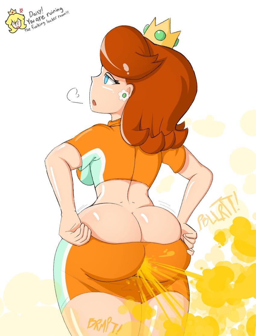 2020s 2021 artist_request back back_view big_ass big_breasts blue_eyes boobs booty_shorts breasts butt crown earrings fart fart_cloud fart_everywhere fart_fetish fart_torture farting farting_at_viewer farts fat_ass ginger mario_(series) mario_strikers nintendo orange_hair orange_shorts princess_daisy short_hair shorts sports_bra sports_uniform sportswear stinky stinky_anus stinky_ass stinky_butt text thick_thighs thighs tight_clothing tight_fit undressing video_game video_game_character video_games