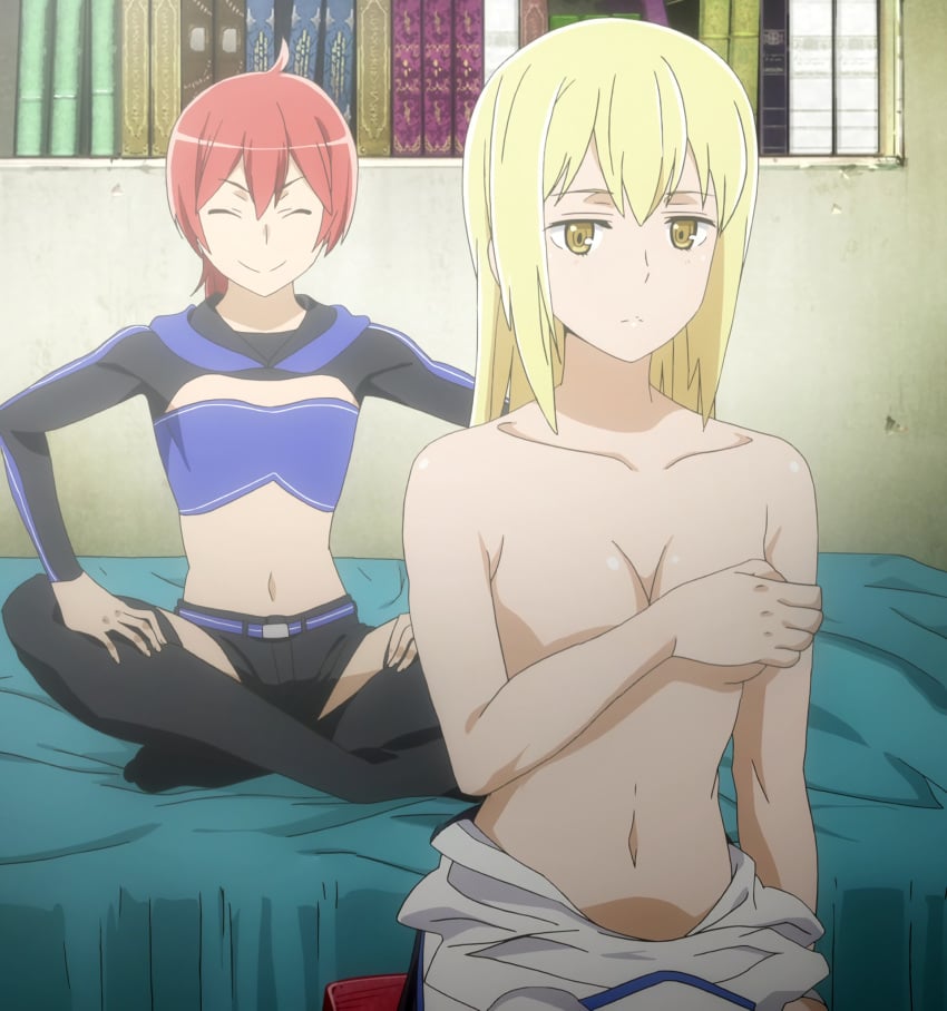 10:11 2girls aiz_wallenstein bare_breasts bare_stomach bed_sheet belt blonde_hair blonde_hair_female books breasts covering covering_breasts dungeon_ni_deai_wo_motomeru_no_wa_machigatteiru_darou_ka female female_only green_bed_sheet high_resolution j.c._staff loki_(danmachi) long_hair medium_breasts medium_hair multiple_girls navel pink_hair_female red_hair screen_capture screencap sitting small_breasts smile stitched topless uncomfortable yellow_eyes