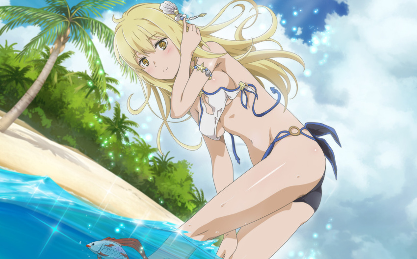 aiz_wallenstein beach bikini blonde_hair breasts card_illustration dungeon_ni_deai_wo_motomeru_no_wa_machigatteiru_darou_ka female female_only fish leaning_forward official_art official_card_illustration palm_tree solo swimsuit tagme tree underboob wardrobe_malfunction water yellow_eyes