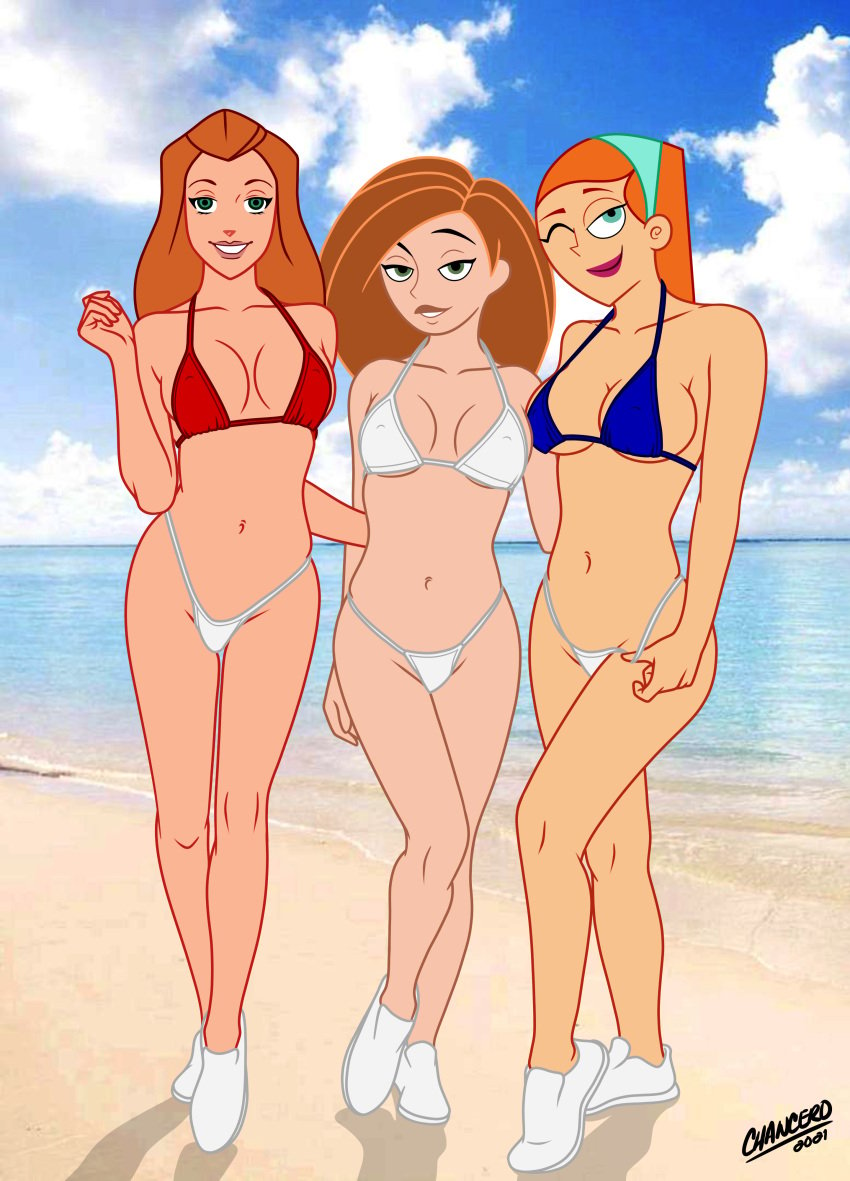 3girls beach bikini chancero cleavage clothing crossover danny_phantom disney disney_channel female female_only human jazz_fenton kim_possible kimberly_ann_possible multiple_females multiple_girls nickelodeon outdoors public red_hair revealing_clothes sam_(totally_spies) sand totally_spies water