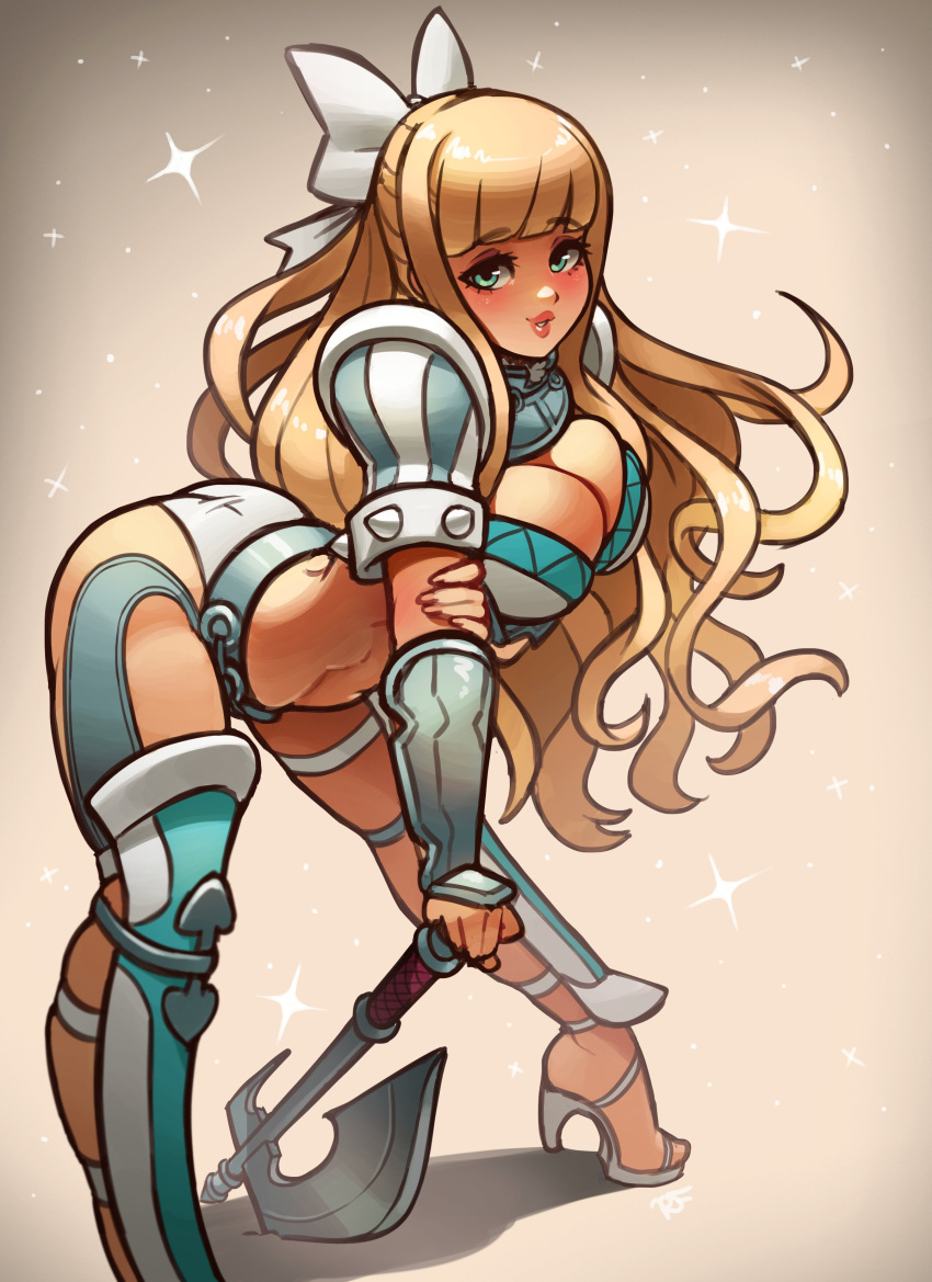 1girls absurdres arm_guards armor ass axe bangs bare_legs bent_over bikini_armor blonde_hair bow breasts charlotte_(fire_emblem) cleavage female fire_emblem fire_emblem_fates high_heel_sandals high_heels highres holding holding_weapon large_breasts leg_armor long_hair nintendo pose ravenousruss sandals shoulder_armor sleeveless weapon