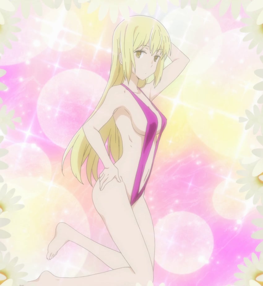 aiz_wallenstein ass bikini blonde_hair breasts dungeon_ni_deai_wo_motomeru_no_wa_machigatteiru_darou_ka female female_only high_resolution long_hair navel one-piece_swimsuit revealing_clothes screen_capture screencap sling_swimsuit solo stitched swimsuit tagme