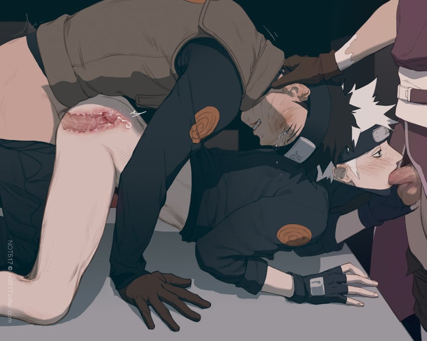 3boys anal anal_sex biting_lip black_hair blood blood_stain blowjob bluesy blush blush_lines clothing crying doggy_style dual_persona fellatio gay gloves hatake_kakashi jonin_uniform jonin_vest kakashi_hatake konohagakure_symbol male/male/male male_penetrated male_penetrating male_penetrating_male mmm_threesome naruto naruto_(series) obito_(leaf_ninja) oral oral_sex partially_clothed penetration penis penis_in_ass sex spitroast tears threesome uchiha_obito white_hair x-ray yaoi