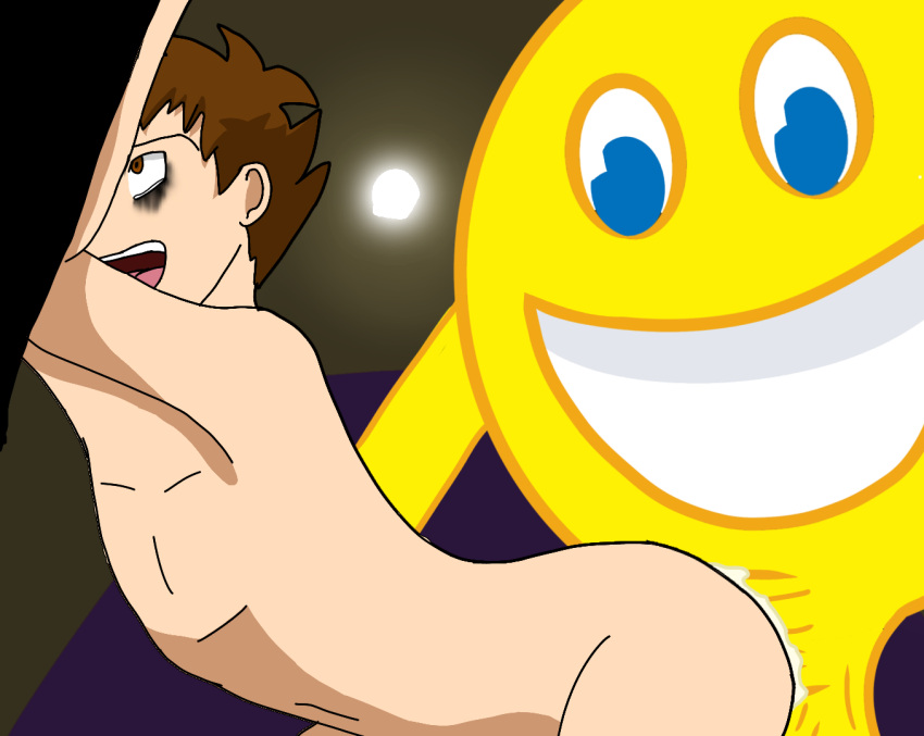 1boy 1monster anal background big_penis blue_eyes brown_eyes brown_hair cum cum_in_ass emoji emoji_(race) eyeshadow huge_cock innyume male_only medium_ass monster monster_cock smile_ghost smiley yellow_skin