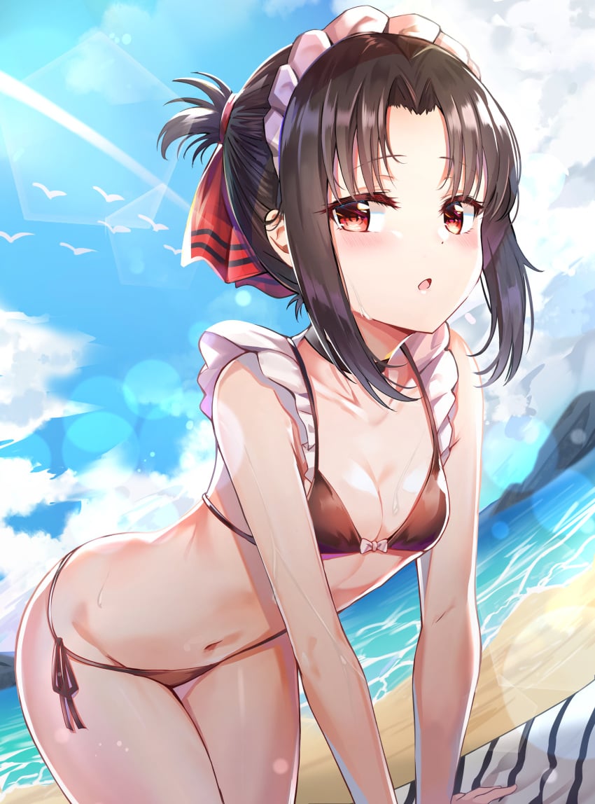 beach bikini bird black_hair blue_sky blush breasts clothing cloud day female hair headdress headwear high_resolution kaguya-sama_wa_kokurasetai_~tensai-tachi_no_renai_zunousen~ large_filesize maid_headdress open_mouth outdoors potential_duplicate red_eyes shinomiya_kaguya short_hair sky small_breasts solo sunbeam sunhyun sunlight swimsuit tagme very_high_resolution water