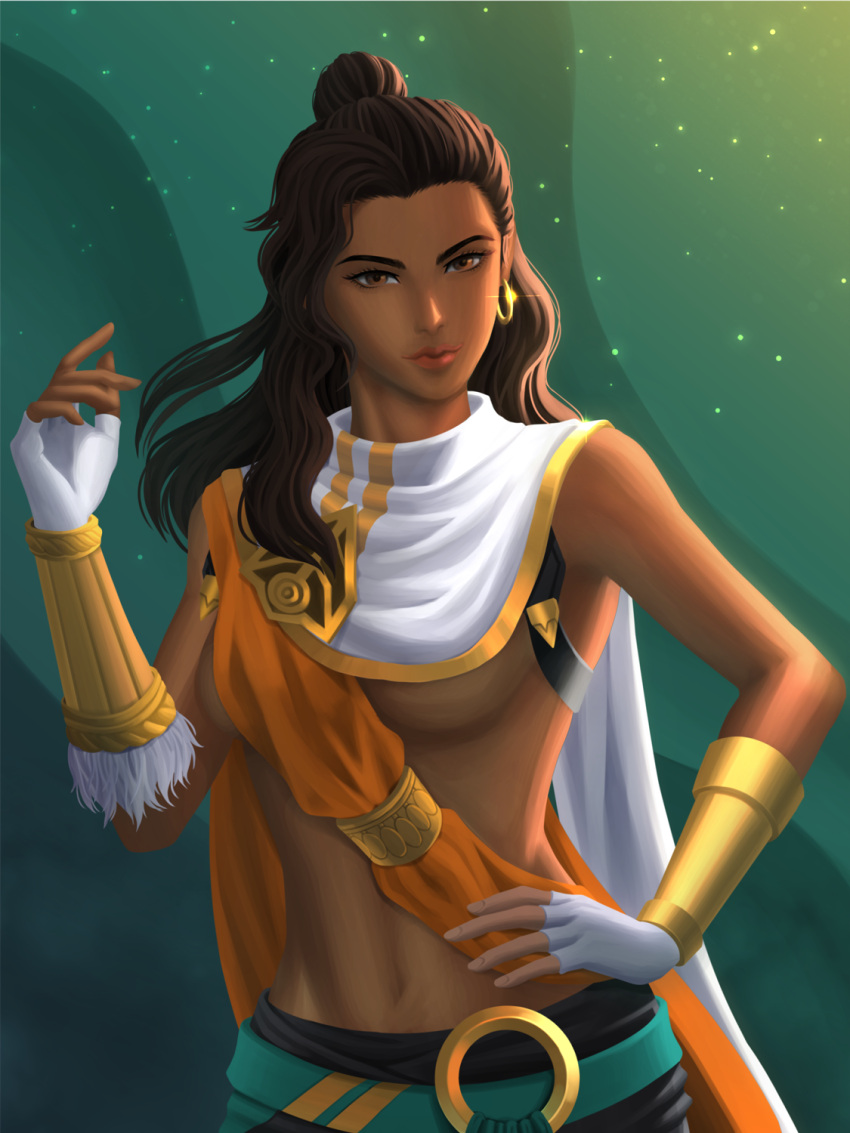 1girls akshan black_hair bracelet brown_eyes dark-skinned_female dark_skin female female_focus female_only golden_bracelet golden_earrings league_of_legends looking_at_viewer navel posing riot_games rule_63 simple_background solo solo_female solo_focus underboob