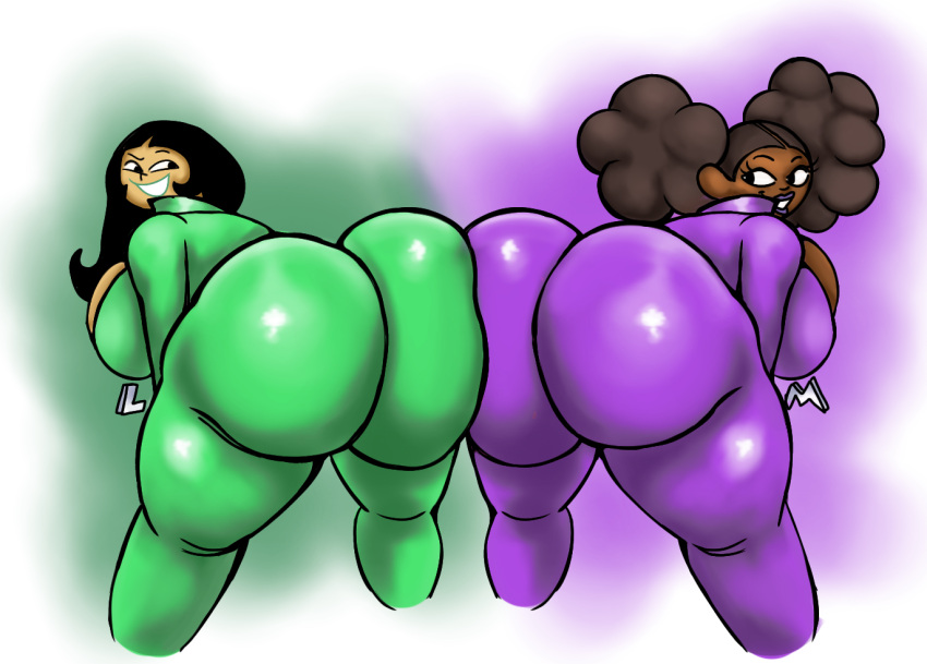 2girls absurd_res ass ass_focus ass_to_ass big_ass big_breasts big_butt black_hair breasts cartoon_network dark-skinned_female dark_skin dexter's_laboratory fat_ass gigantic_ass gigantic_breasts gigantic_butt green_clothing green_lipstick huge_ass huge_breasts huge_butt latex_suit lee_lee legs lipstick looking_to_the_side luiron mee_mee purple_clothing purple_lipstick smiling thick_ass thick_legs thick_lips thick_thighs tight_clothing wide_hips yellow_skin zipper zipper_down