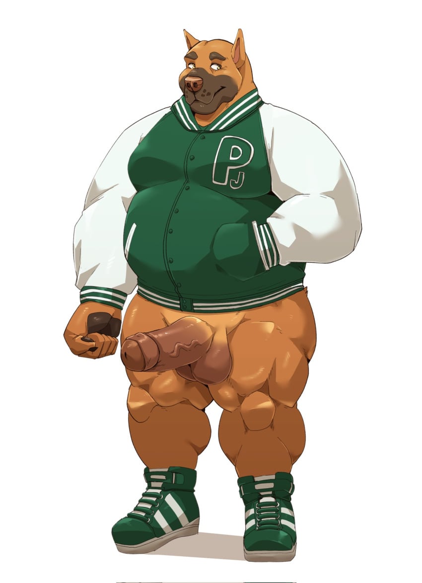 2021 anthro balls belly bottomless canid canine canis clothed clothing domestic_dog erection fist footwear foreskin genitals hand_in_pocket hi_res humanoid_genitalia humanoid_penis jacket jumperbear male mammal musclegut muscular muscular_anthro muscular_male overweight overweight_male penis pit_bull pj_(pittiepj) pockets quads shoes simple_background solo standing thick_thighs topwear uncut white_background