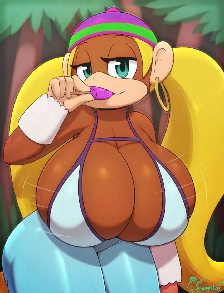 1girls 5_fingers anthro artist_name big_breasts big_thighs bikini_top blonde blonde_hair blue_bottomwear blue_bra blue_clothing bottomwear bra breast_jiggle breasts brown_body brown_skin busty cleavage clothed clothing countershade_face countershade_hands countershading dark_skin donkey_kong_(series) ear_piercing earrings female female_only female_solo fingers furry gigantic_breasts green_eyes half-closed_eyes hat headwear hoop_earrings huge_breasts hyper_breasts ice_cream jiggle kong large_breasts leaning leaning_forward long_hair long_twintails mammal miso_souperstar monkey monkey_girl motion_lines multicolored_face multicolored_skin narrowed_eyes nintendo pants piercing popsicle portrait primate seductive sexually_suggestive smile solo solo_female tan_countershading thick_thighs three-quarter_portrait tiny_kong top_heavy twintails two-tone_skin two_tone_face two_tone_skin video_games voluptuous wide_hips