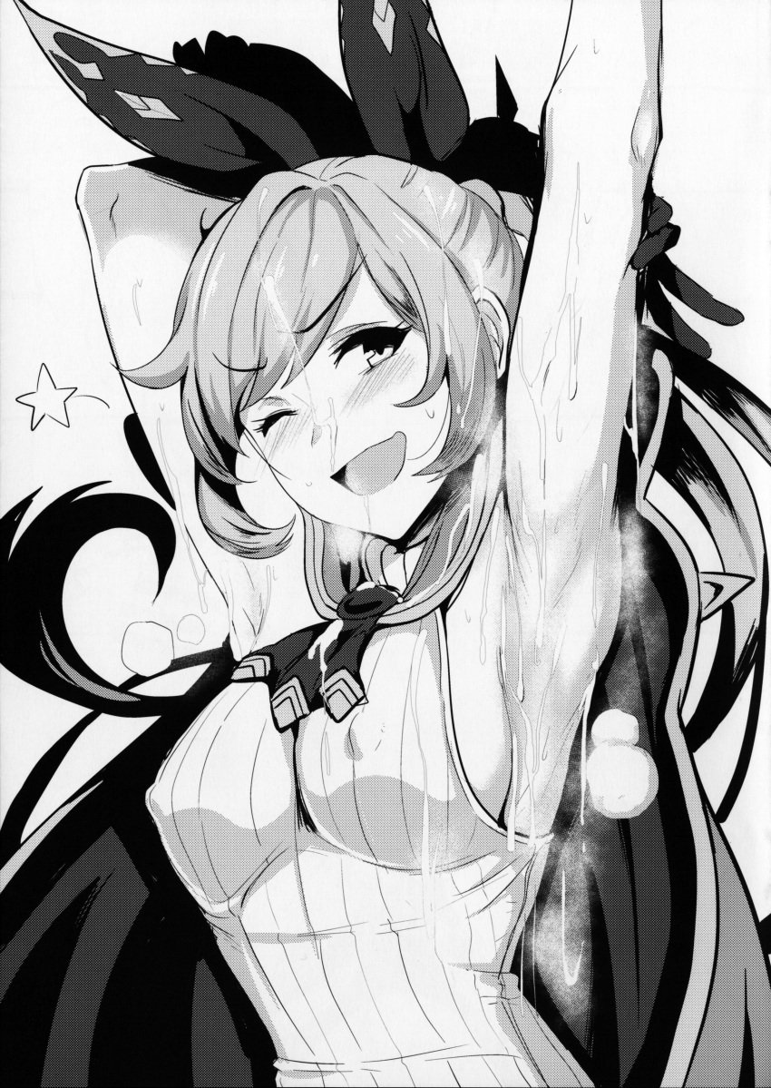 :d absurdres armpits blush bow breasts cape clarisse_(granblue_fantasy) covered_nipples cum cum_on_armpits cum_on_hair facial female gloves granblue_fantasy greyscale hairbow hands_up highres large_breasts looking_at_viewer monochrome one_eye_closed open_mouth ponytail simple_background smile solo ulrich_(tagaragakuin) upper_body white_background