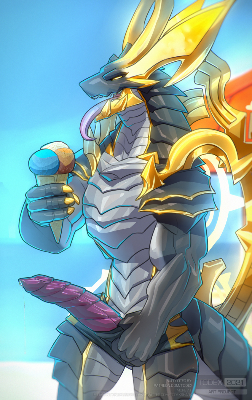 2021 4_fingers anthro big_penis bodily_fluids bottomwear chronos_(dragalia_lost) clothed clothing dessert dragon erection fingers food genital_fluids genitals hi_res ice_cream male muscular muscular_male penis precum precum_string presenting solo todex tongue tongue_out topless watermark