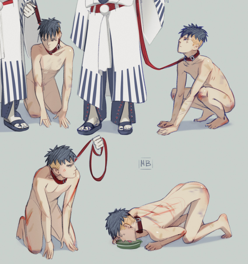 2boys all_fours black_hair boruto:_naruto_next_generations bowl clothed_on_nude clothing collar crawling cum drinking faceless_male jigen_(boruto) kara_(boruto) kawaki kneeling leash licking male_focus male_only malesub mbyak naruto naruto_(series) pet_bowl petplay short_hair submissive submissive_male two_tone_hair yellow_hair