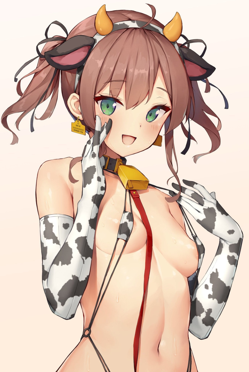 1girls bell_collar blush breasts brown_hair cow_bikini cow_ears cow_print cow_print_bikini cow_tag cowbell detached_sleeves female female_focus female_only green_eyes hololive hololive_gen_1 hololive_japan leash leash_and_collar medium_breasts natsuiro_matsuri skimpy skimpy_bikini skimpy_clothes small_breasts solo solo_female solo_focus sweatdrop sy4 sy4may0 virtual_youtuber