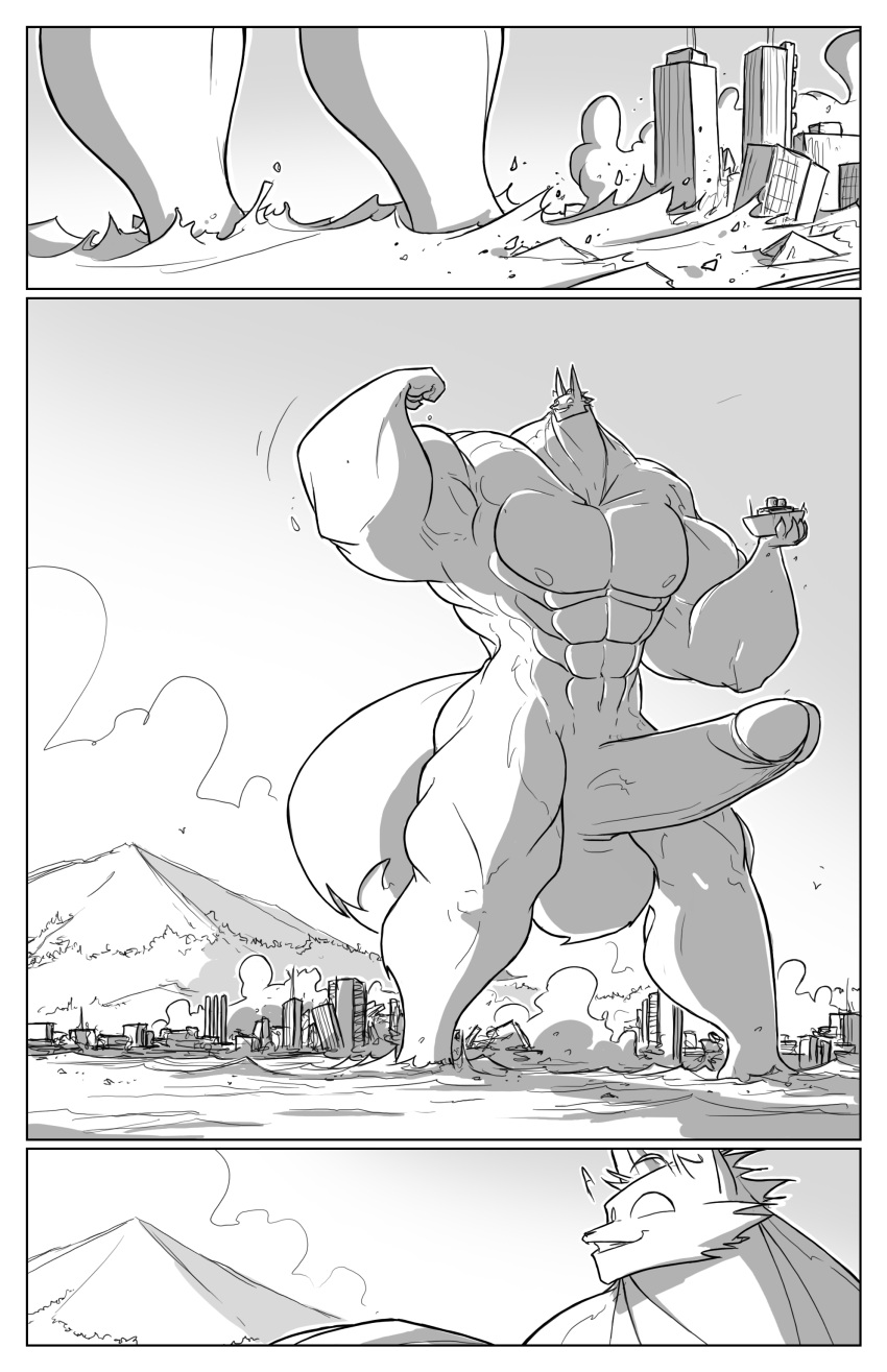 2012 abs absurd_res anthro balls biceps big_balls big_muscles big_penis biped building canid canine city comic conditional_dnp destruction digital_media_(artwork) erection flexing fluffy fluffy_tail fox genitals growth hi_res holding_object huge_cock huge_muscles humanoid_genitalia humanoid_penis jollyjack macro male mammal monochrome mountain muscle_growth muscular muscular_anthro muscular_male nude outside pecs penis sea ship solo vehicle water watercraft